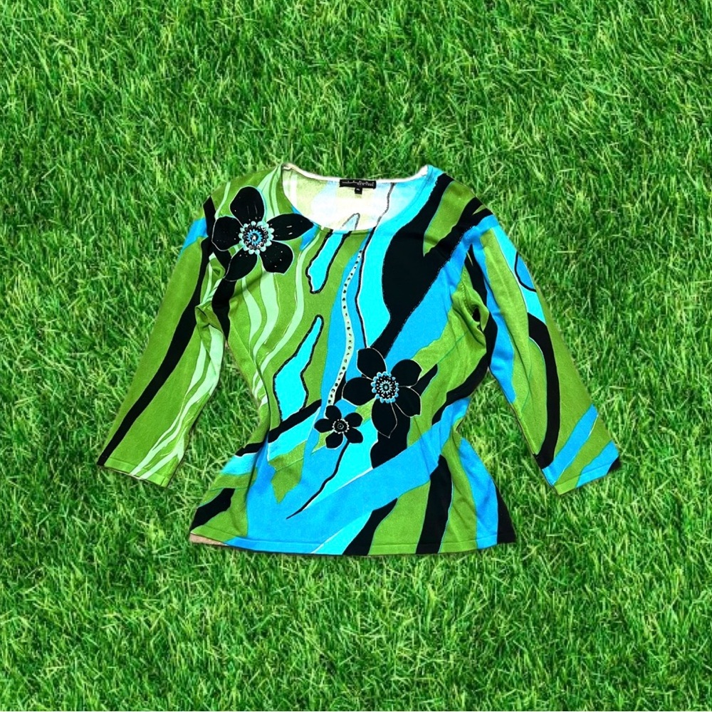 vtg y2k funky beaded floral print top